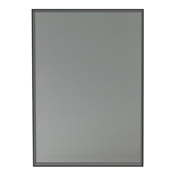Gray rectangular mirror with a sleek black frame, featuring a smooth, uniform surface.