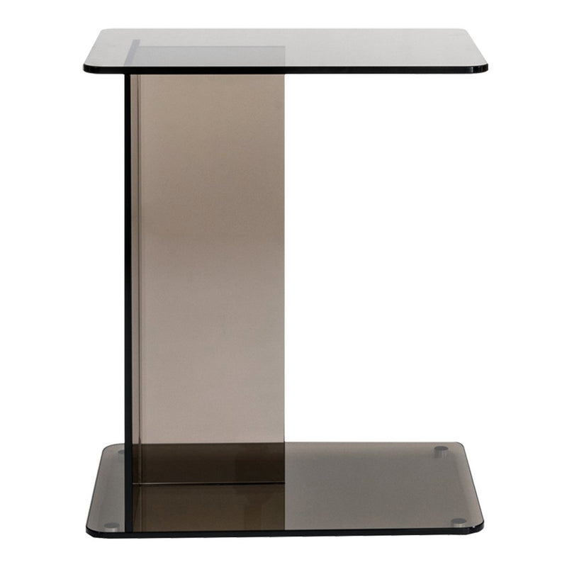Smoky gray glass side table with a sleek, minimalist design and smooth, reflective surfaces. Perfect for modern decor.