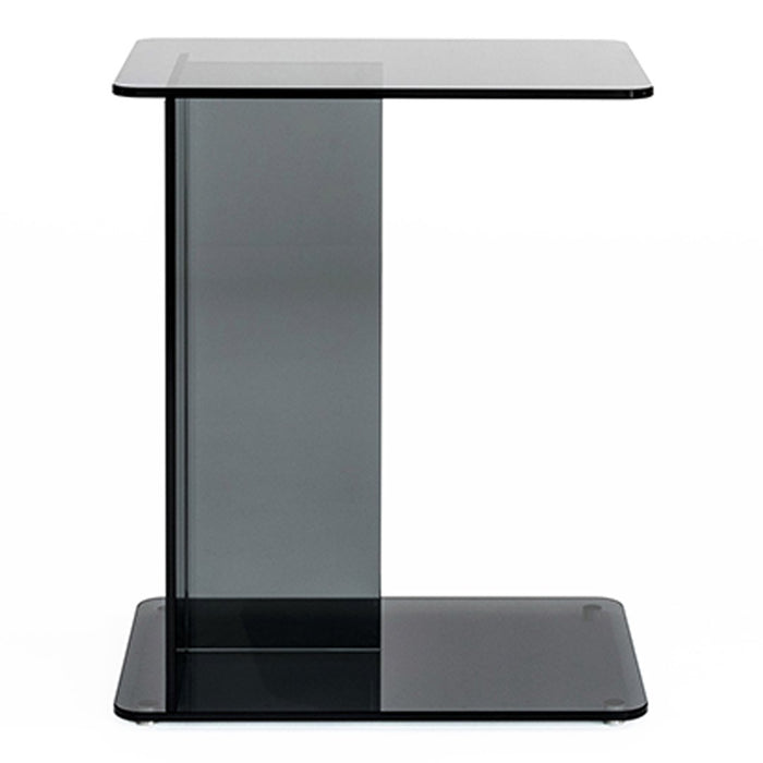 Modern clear glass side table in sleek black with a minimalist design and smooth patterns. Perfect for contemporary decor.