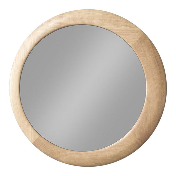 Round wooden mirror with a smooth light wood frame, reflecting a sleek, modern design for any decor.