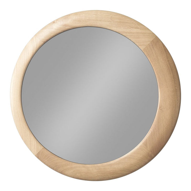 Round wooden mirror with a smooth light wood frame, reflecting a sleek, modern design for any decor.