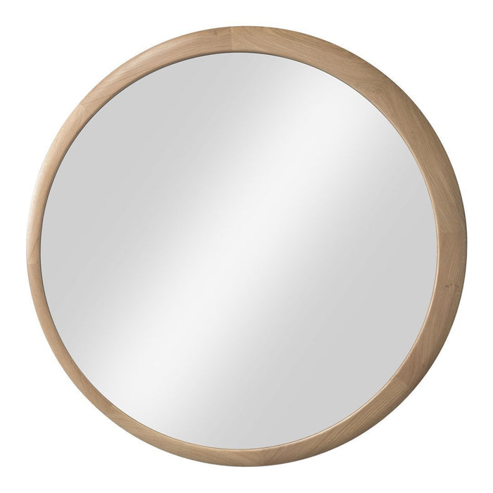 Round mirror with a smooth, reflective surface and a natural wood frame, featuring a light beige finish.