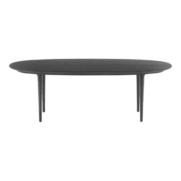 Sleek oval coffee table in matte black with elegant tapered legs and smooth, minimalistic design.
