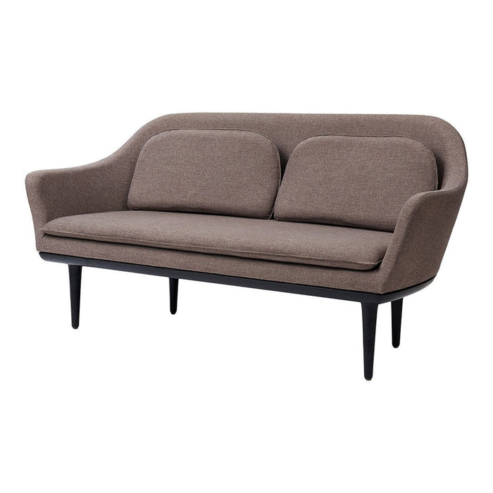 "Stylish two-seater sofa in rich brown fabric with smooth curves and sleek black legs."