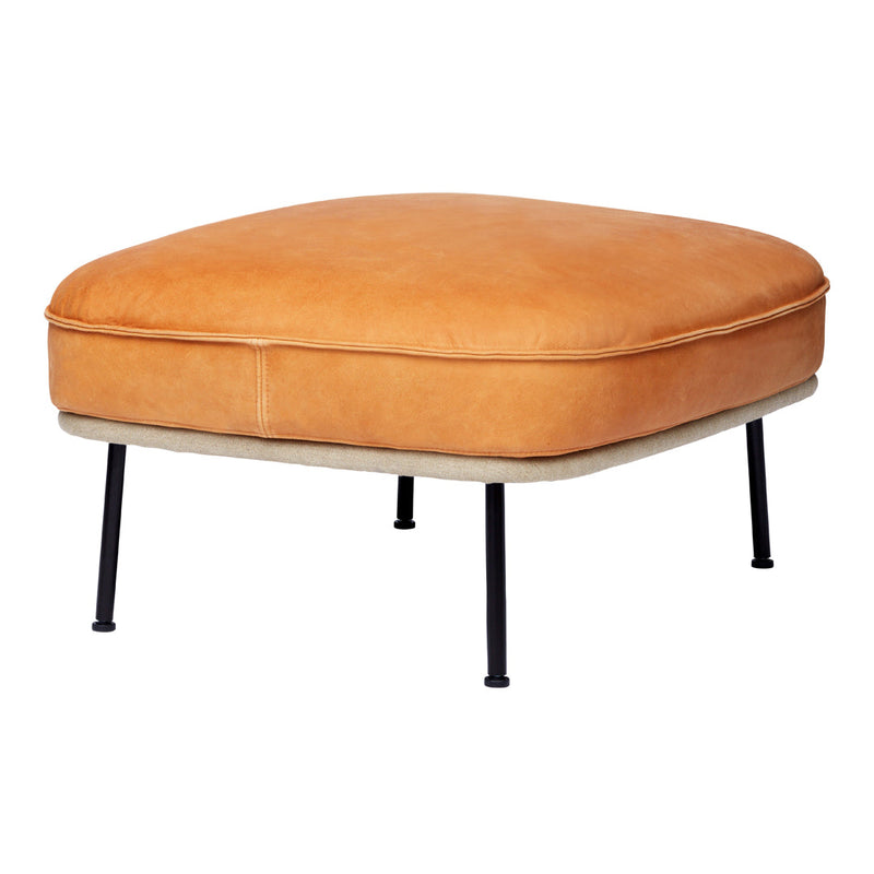 Square orange leather ottoman with sleek black metal legs, offering a modern and stylish home decor accent.
