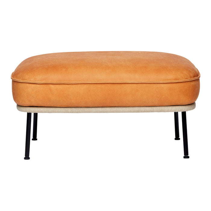 Stylish orange suede ottoman with a cream base and black metal legs, perfect for modern decor.