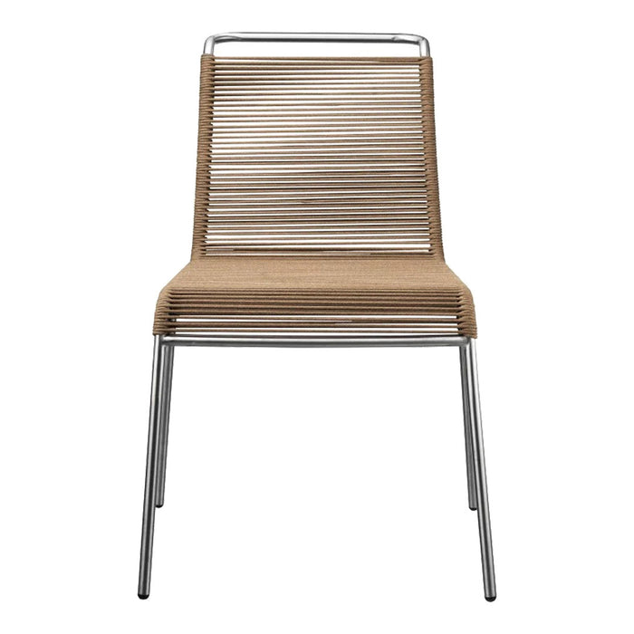 Brown striped chair with a sleek silver metal frame, perfect for modern decor.