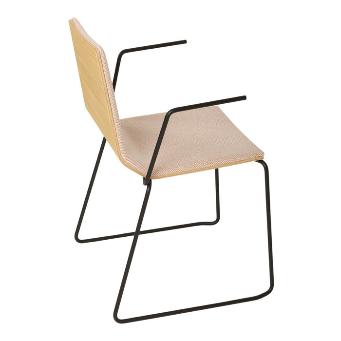 Beige upholstered chair with a natural wood backrest and sleek black metal frame. Modern and minimalistic design.
