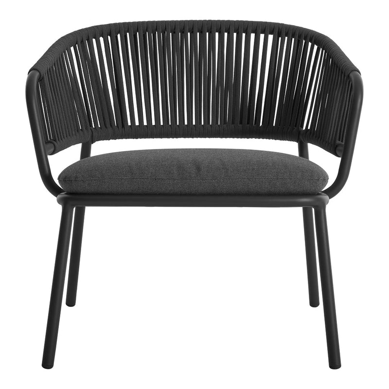 Black chair with a ribbed design and gray cushion, featuring sleek lines and modern aesthetic.