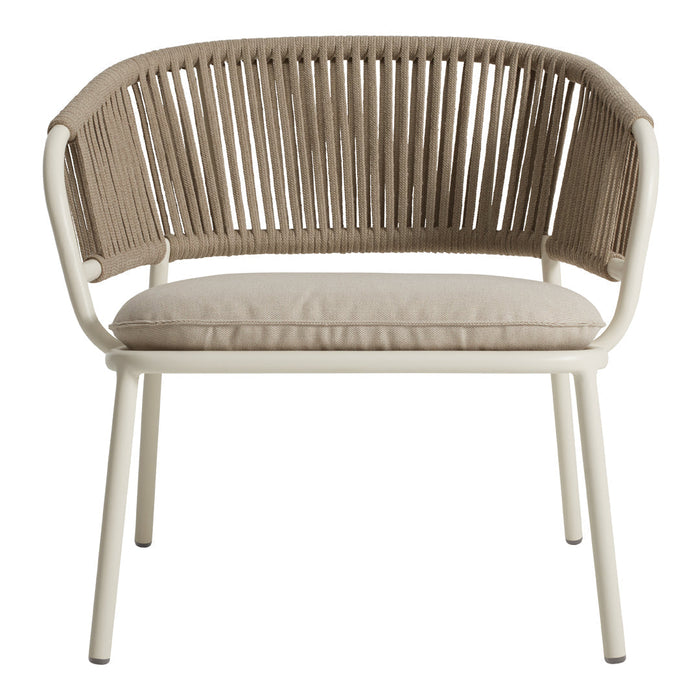 Beige and taupe ribbed fabric chair with a cream-colored frame and matching cushioned seat. Modern, minimalist design.