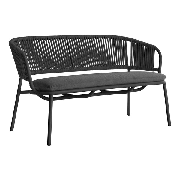 Black woven outdoor sofa with a sleek gray cushion, showcasing modern lines and a minimalist aesthetic.