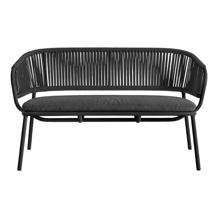 Black outdoor sofa with woven backrest and gray cushion, featuring a modern and minimalist design. Ideal for any patio.