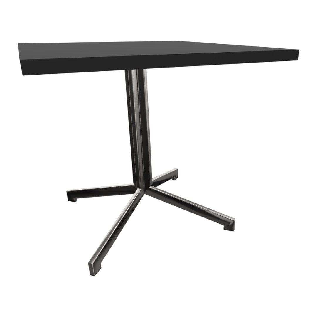Black square tabletop with a sleek stainless steel base in a modern design. Perfect for contemporary spaces.