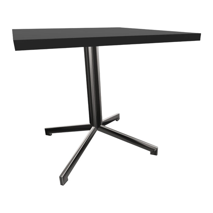 Black square tabletop with a sleek stainless steel base in a modern design. Perfect for contemporary spaces.