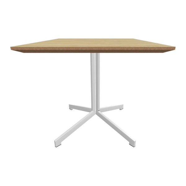 Square wooden tabletop in natural finish with white metal base, perfect for modern dining aesthetics.