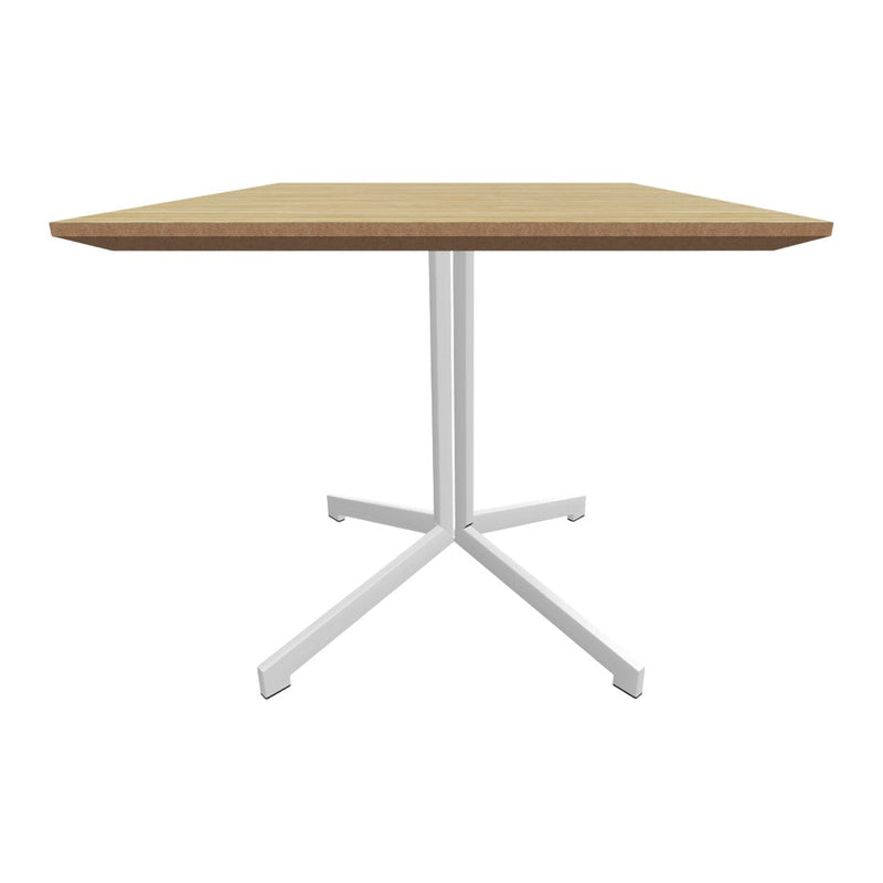 Square wooden tabletop in natural finish with white metal base, perfect for modern dining aesthetics.