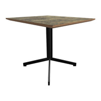 Square dining table with a textured green and brown top, finished with a sleek black metal base.