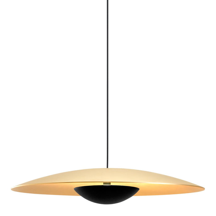 Modern pendant light featuring a sleek black base with a warm amber shade and a minimalist design.