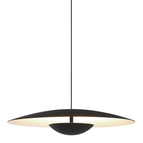Modern black and white pendant lamp with a sleek, aerodynamic design and smooth, clean lines.
