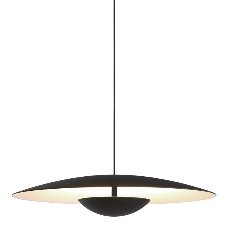Modern black and white pendant lamp with a sleek, aerodynamic design and smooth, clean lines.