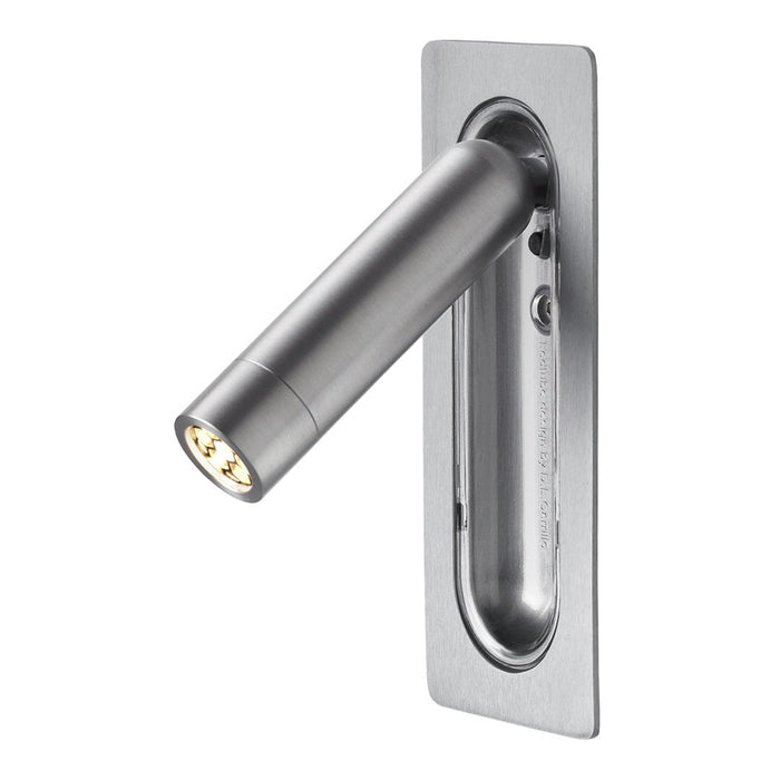 Sleek silver wall-mounted light with a modern cylindrical design, featuring a polished finish and minimalistic style.
