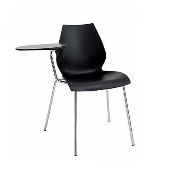 Black chair with a sleek design and a chrome armrest, featuring a minimalist modern style.