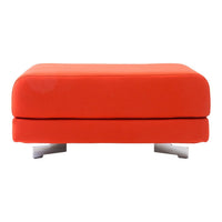 Bright orange upholstered ottoman with a sleek design and silver legs, perfect for modern decor.