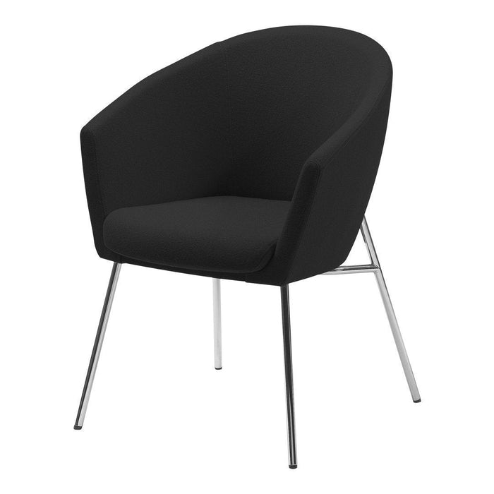 Black curvy armchair with sleek chrome legs, featuring a smooth fabric surface and modern design.