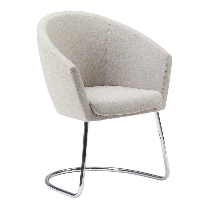 Light gray upholstered chair with smooth, rounded design and sleek chrome base. Ideal for modern decor.