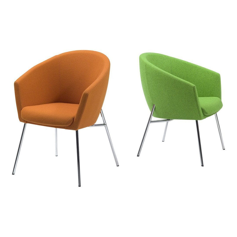 Orange and green accent chairs with smooth upholstery and chrome legs, perfect for modern decor.