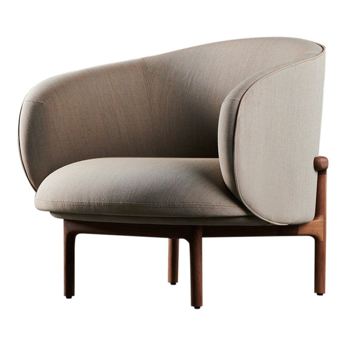 Light gray upholstered accent chair with smooth curves and a rounded back, complemented by a brown wooden frame.