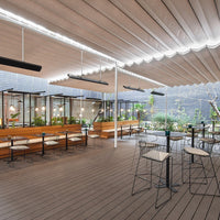 Modern outdoor dining area with neutral tones, wooden accents, and greenery, featuring a minimalist design and soft lighting.