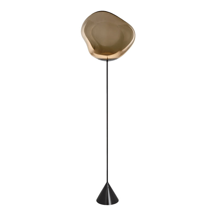 Sleek floor lamp featuring a polished gold shade and a matte black cone base for a modern aesthetic.
