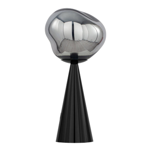 Sleek silver metallic orb on a black conical base, showcasing modern design and reflective shine.