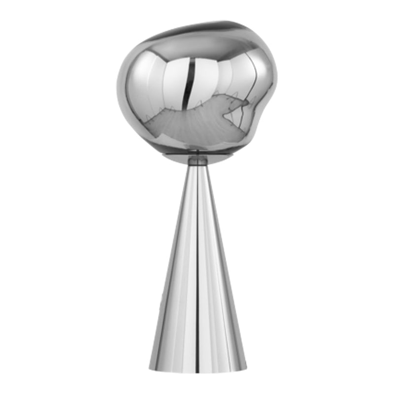 Sleek chrome sculpture with a smooth, rounded top and a tapered cone base, reflecting light beautifully.