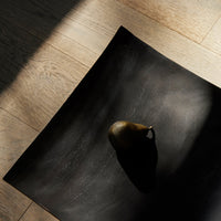Black textured surface with a shadow, featuring a single greenish-brown pear on a light wooden floor.