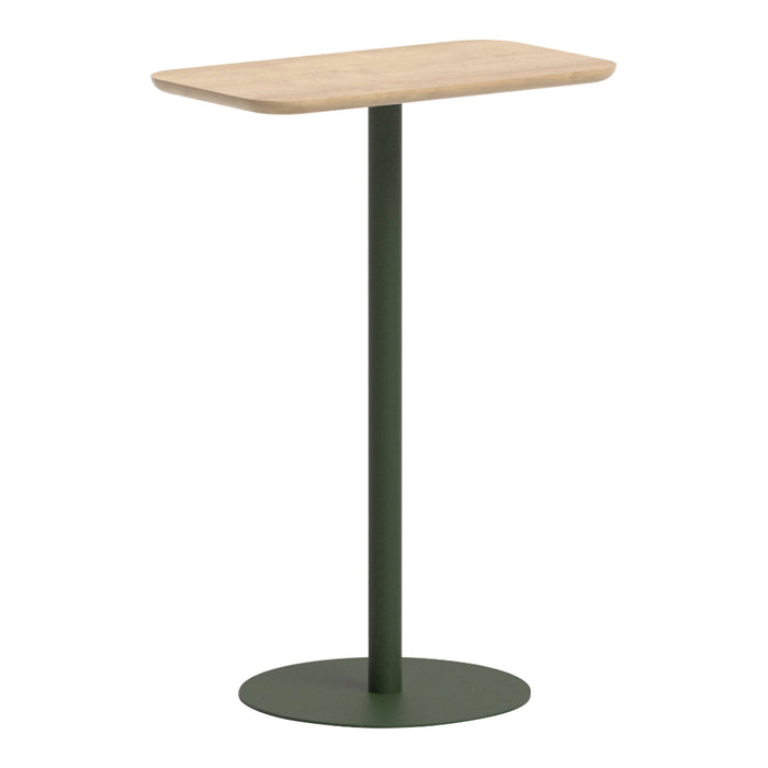 "Modern green metal stand with a light wood top, showcasing a sleek, minimalist design."