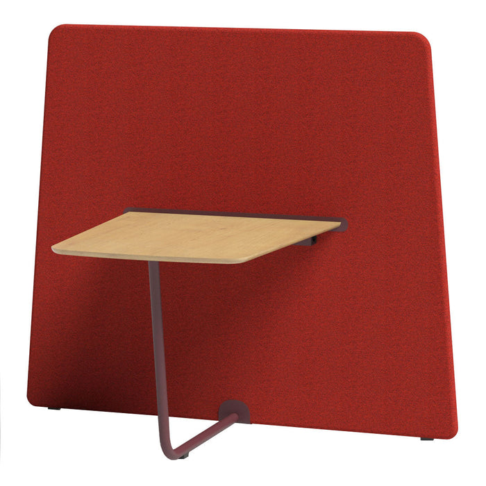 Red upholstered partition with a minimalist wooden tabletop and sleek metal frame, perfect for modern office spaces.