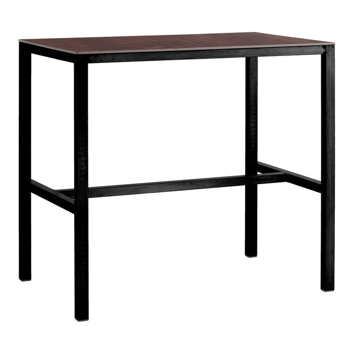 Brown tabletop with a smooth finish and sleek black metal frame, modern and minimalist design.