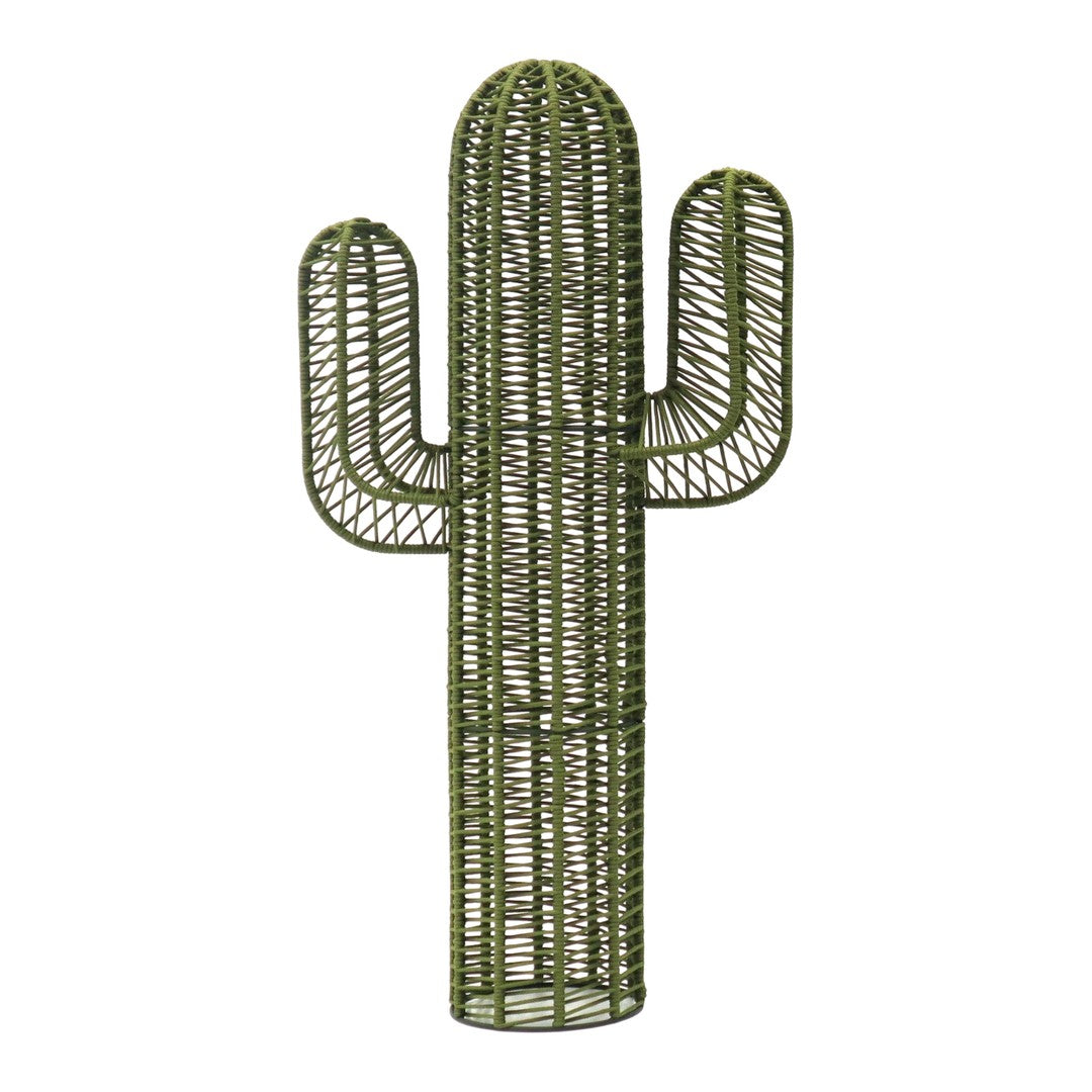 Green woven cactus sculpture with a unique pattern and tall, slender design. Perfect for modern decor.