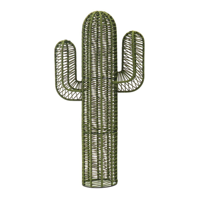 Green woven cactus sculpture with a unique pattern and tall, slender design. Perfect for modern decor.