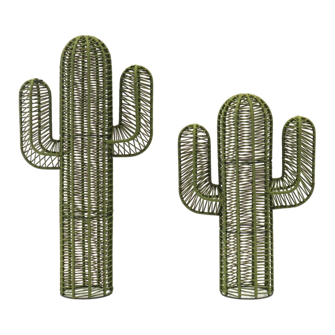Green woven cactus sculptures with a modern design and intricate pattern, perfect for decor.