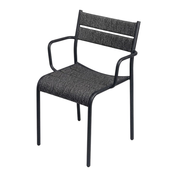 Black metal chair with dark gray textured fabric seat and backrest, featuring a minimalist design and straight lines.