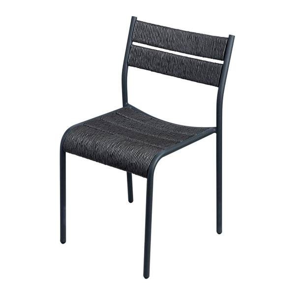 Black woven chair with a sleek, minimalist design and a modern dark blue metal frame. Perfect for contemporary spaces.