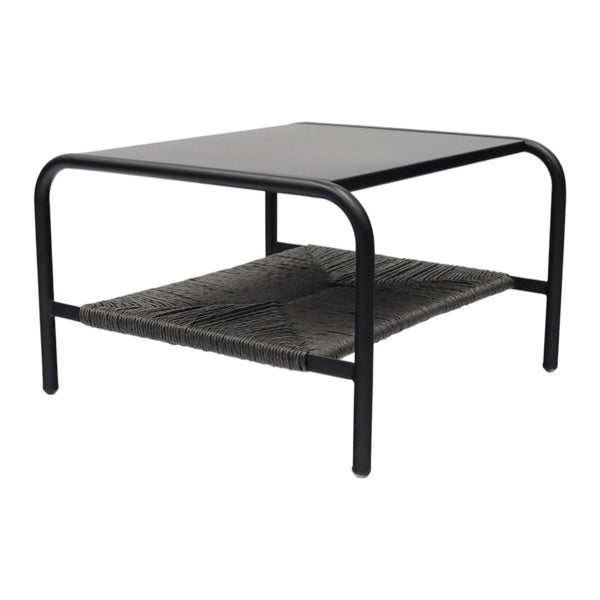 Modern black metal coffee table with a textured gray woven shelf, perfect for contemporary decor.