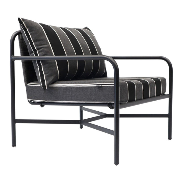 Black and white striped outdoor chair with a sleek black metal frame, perfect for modern patio decor.