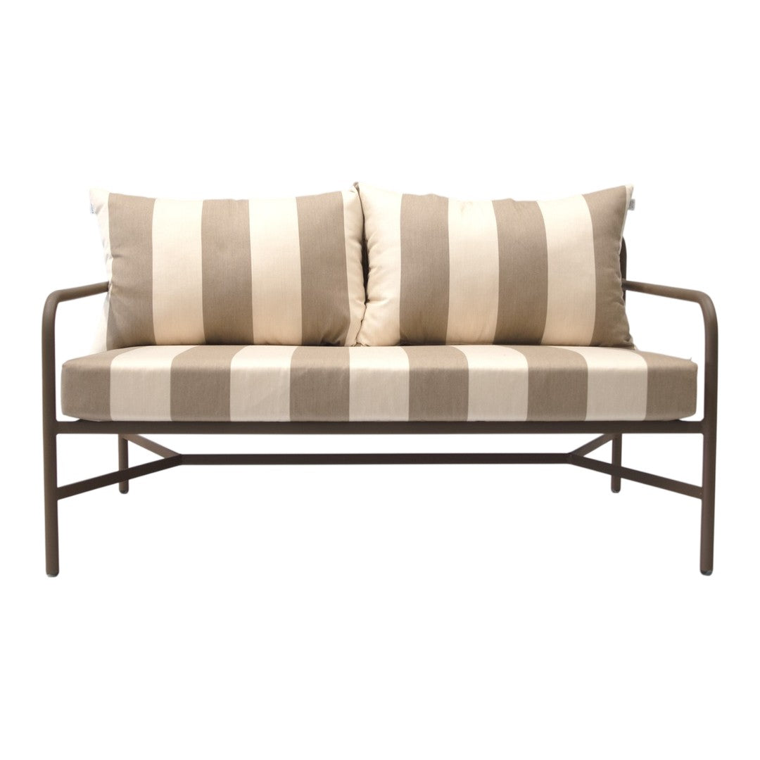Striped beige and cream outdoor loveseat with plush cushions and a sleek metal frame. Ideal for patio decor.