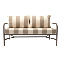 Striped beige and cream outdoor loveseat with plush cushions and a sleek metal frame. Ideal for patio decor.