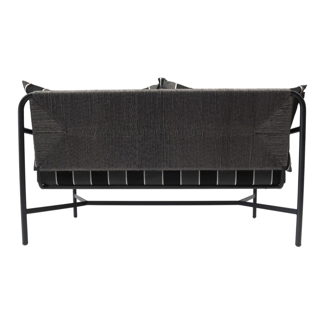 Black woven couch with a simple geometric pattern and sleek metal frame, perfect for modern decor.