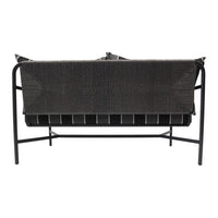 Black woven couch with a simple geometric pattern and sleek metal frame, perfect for modern decor.